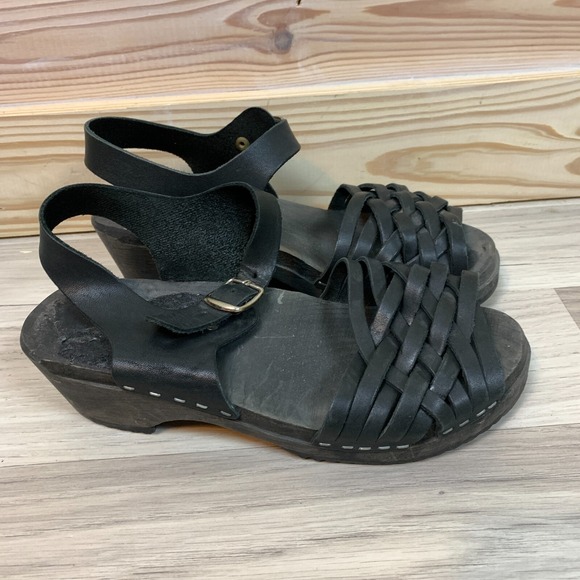 MIA Swedish Clog Sandals Women US 7 Weave Leather Wooden Platform 37 Black - Picture 3 of 12